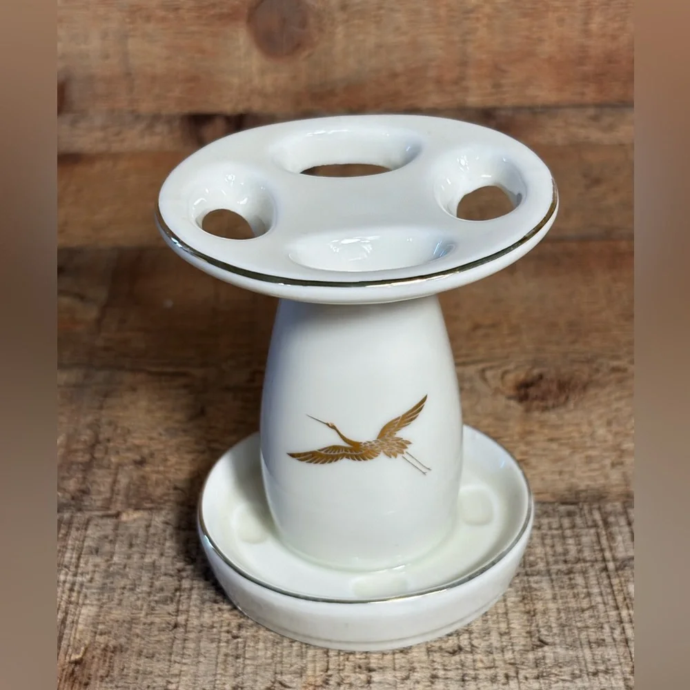 Vintage Takahashi Gold Hand Decorated Cranes Soap Dish Water Cup Toothbrush